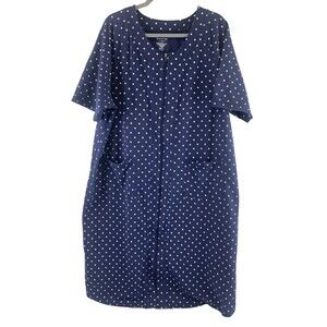 Dreams Co Robe Lounger Full Zip Navy White Polkadot Short Sleeve Pocket Women 1X